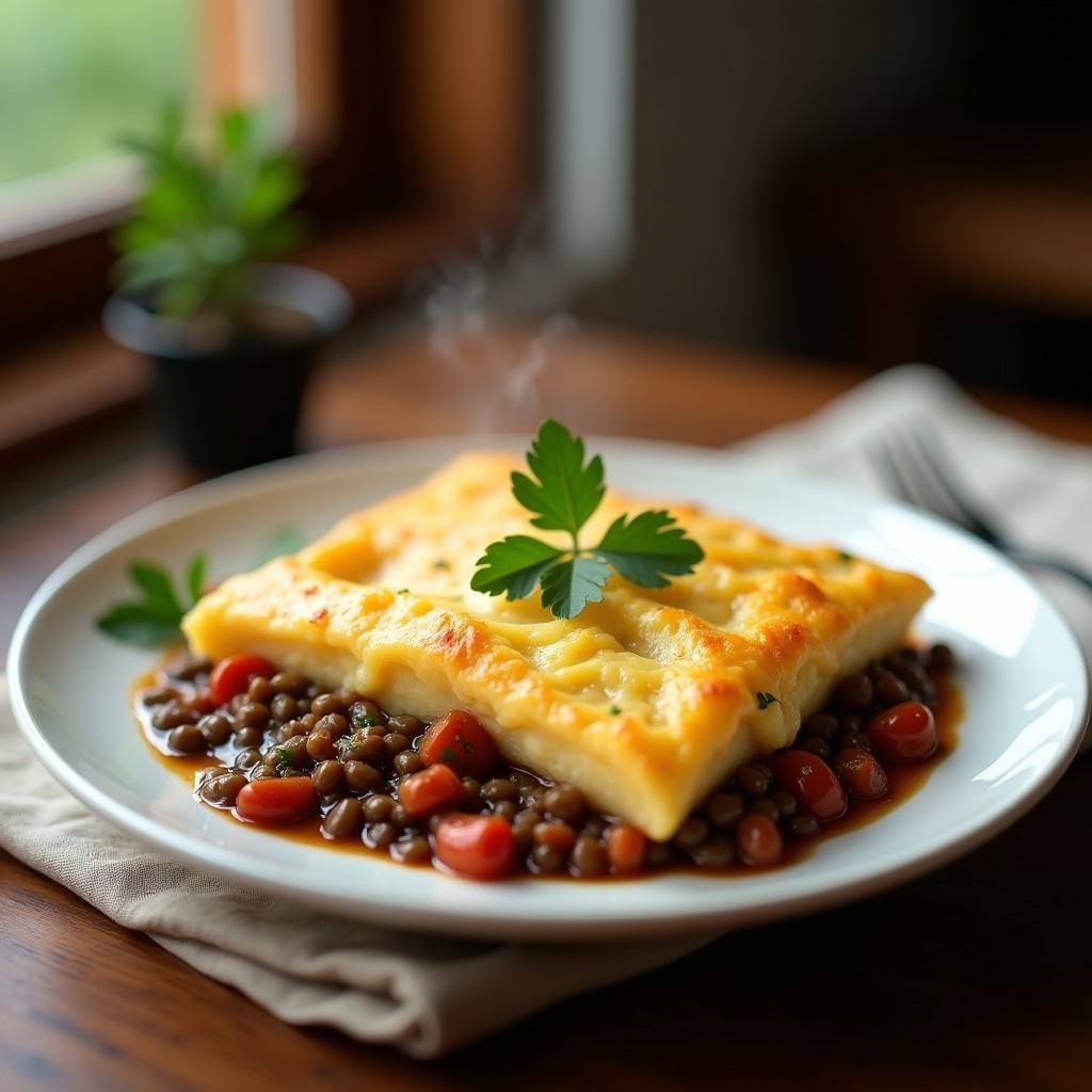Pastel de papa vegano argentino en fuente de horno, con capa dorada de puré de papa y relleno oscuro de lentejas especiadas, decorado con perejil fresco.