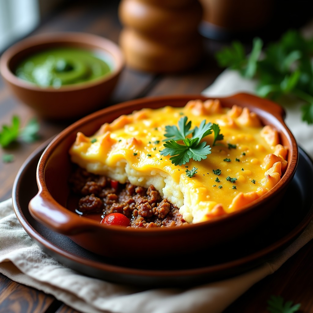 Pastel de papa vegano argentino en fuente de cerámica blanca, con capas visibles de puré dorado y relleno de carne de soja, servido con salsa chimichurri verde brillante en un cuenco pequeño de madera. Plato rústico y apetitoso.