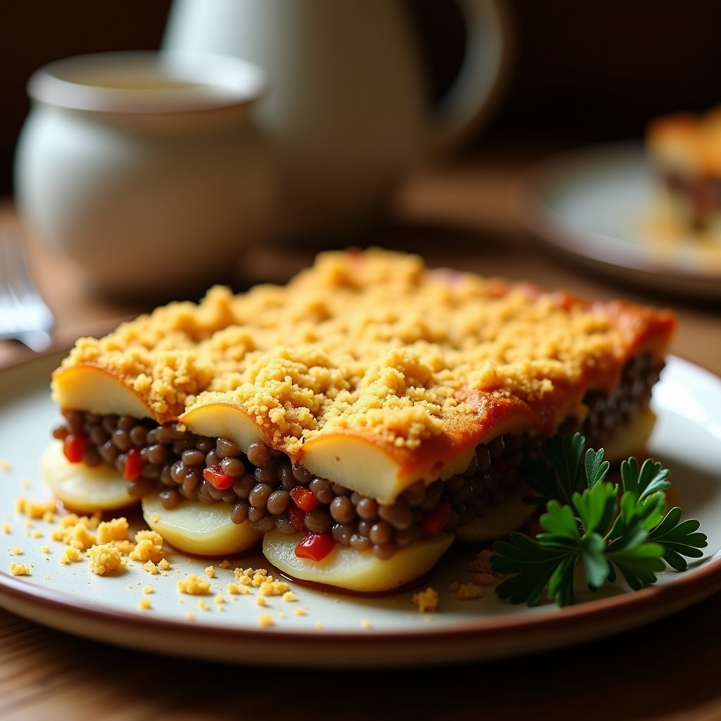 Pastel de papa y lentejas en fuente rectangular de cerámica, con capas visibles de rodajas de papa, relleno oscuro de lentejas con pimiento y un crumble dorado de queso vegano esparcido por encima. Plato servido en mesa rústica con tenedor de madera.