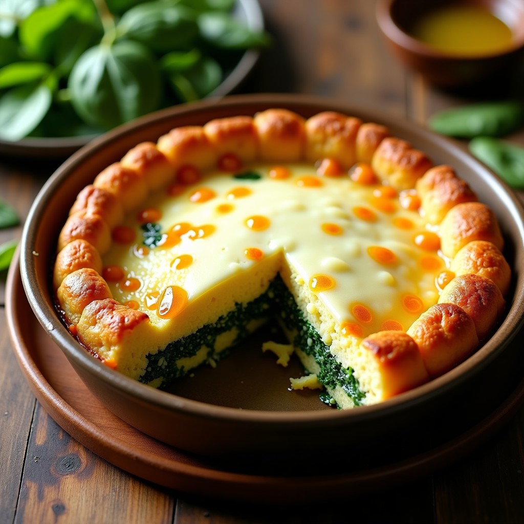 Pastel salado de yuca y espinacas en molde redondo, con capas visibles de yuca amarilla y relleno verde de espinacas, cubierto de queso mozzarella derretido, receta brasileña sin gluten en olla express.