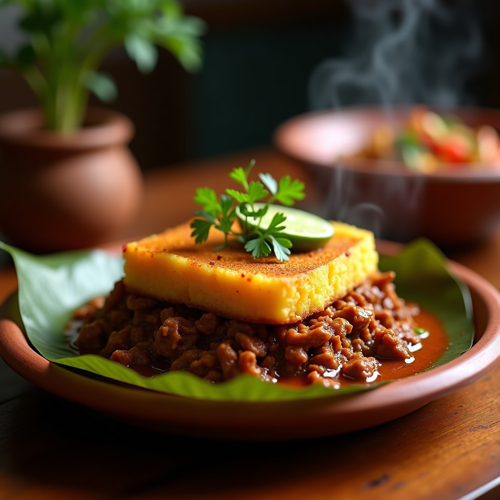Pastel de yuca dorado en capa superior con vetas de achiote, relleno de carne de res desmenuzada en salsa espesa, servido en plato de barro con hoja de plátano como base. Receta venezolana en olla lenta.