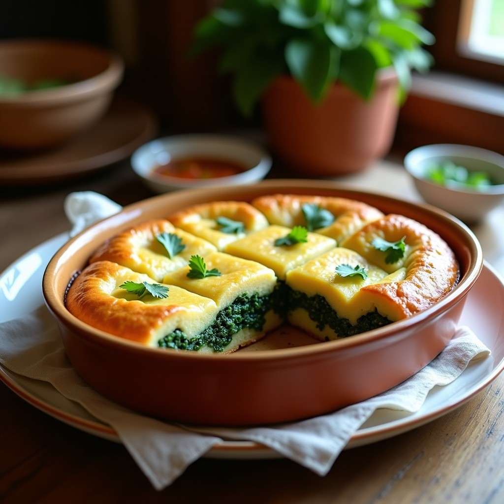 Pastel de yuca y espinacas al horno con toque colombiano, dorado y esponjoso, cortado en porciones cuadradas, con queso costeño gratinado en la superficie y cilantro fresco alrededor. Receta sin gluten y alta en proteína.
