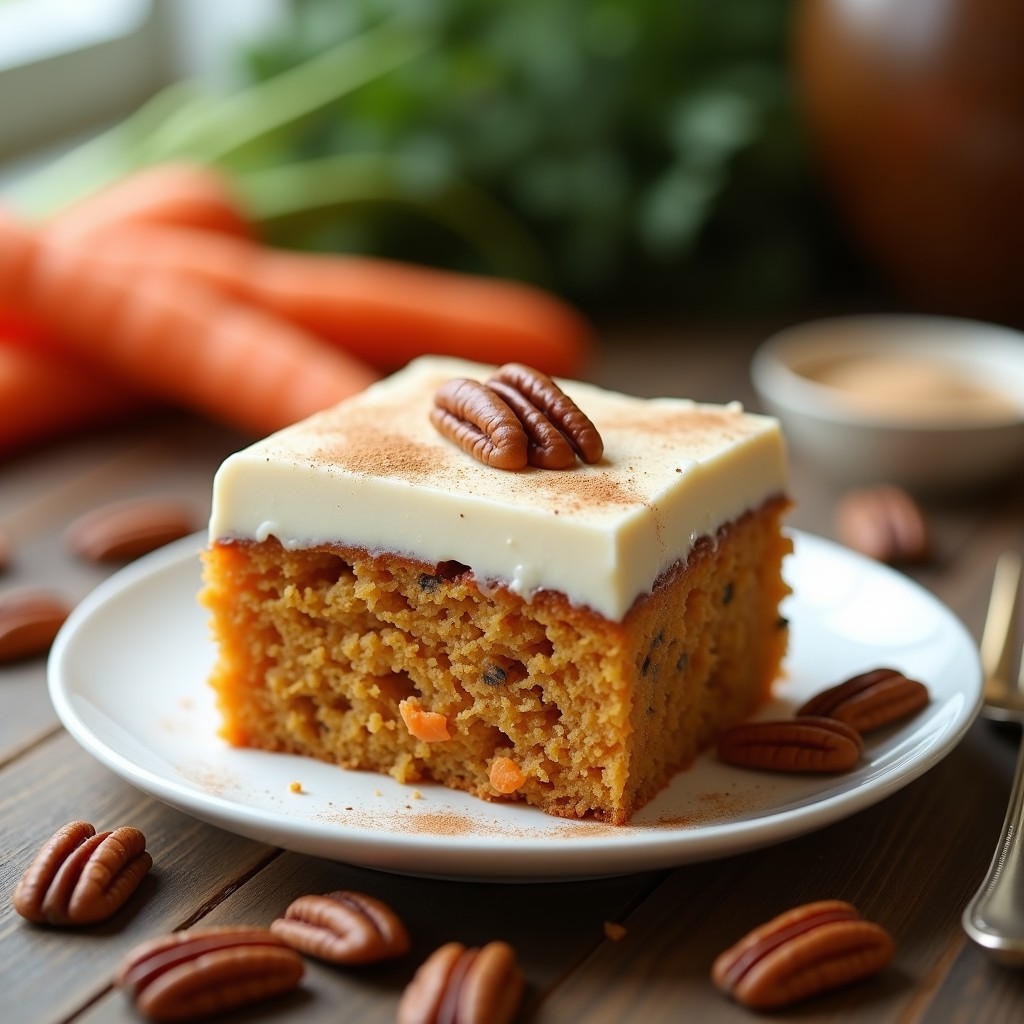 Pastel de zanahoria y nueces con frosting de anacardos vegano, cortado en porciones, mostrando su textura esponjosa y el frosting cremoso. Decorado con nueces pecanas tostadas y un toque de canela en polvo sobre un plato de cerámica blanca.