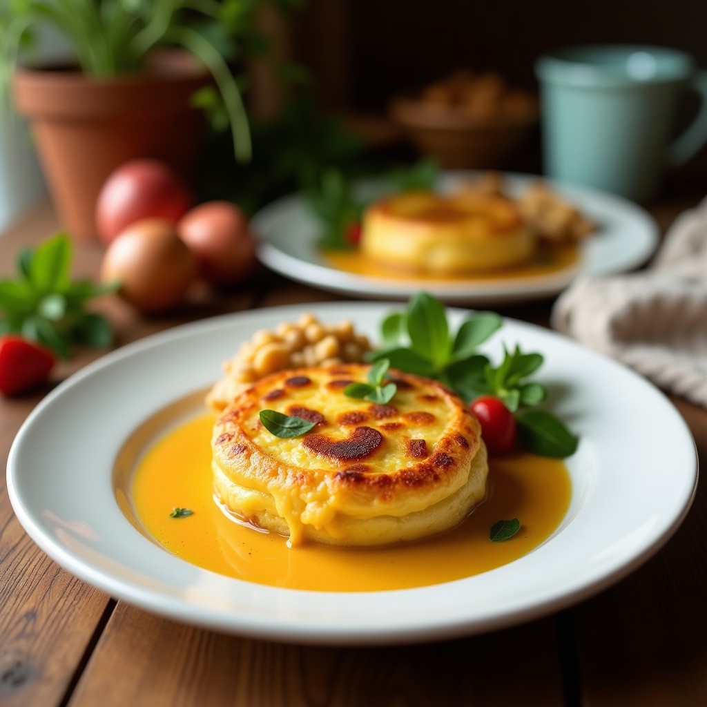 Pastel de zucchini y queso de castañas con costra dorada de semillas de chía, servido en molde de cerámica sobre tabla de madera rústica, receta vegana Thermomix.