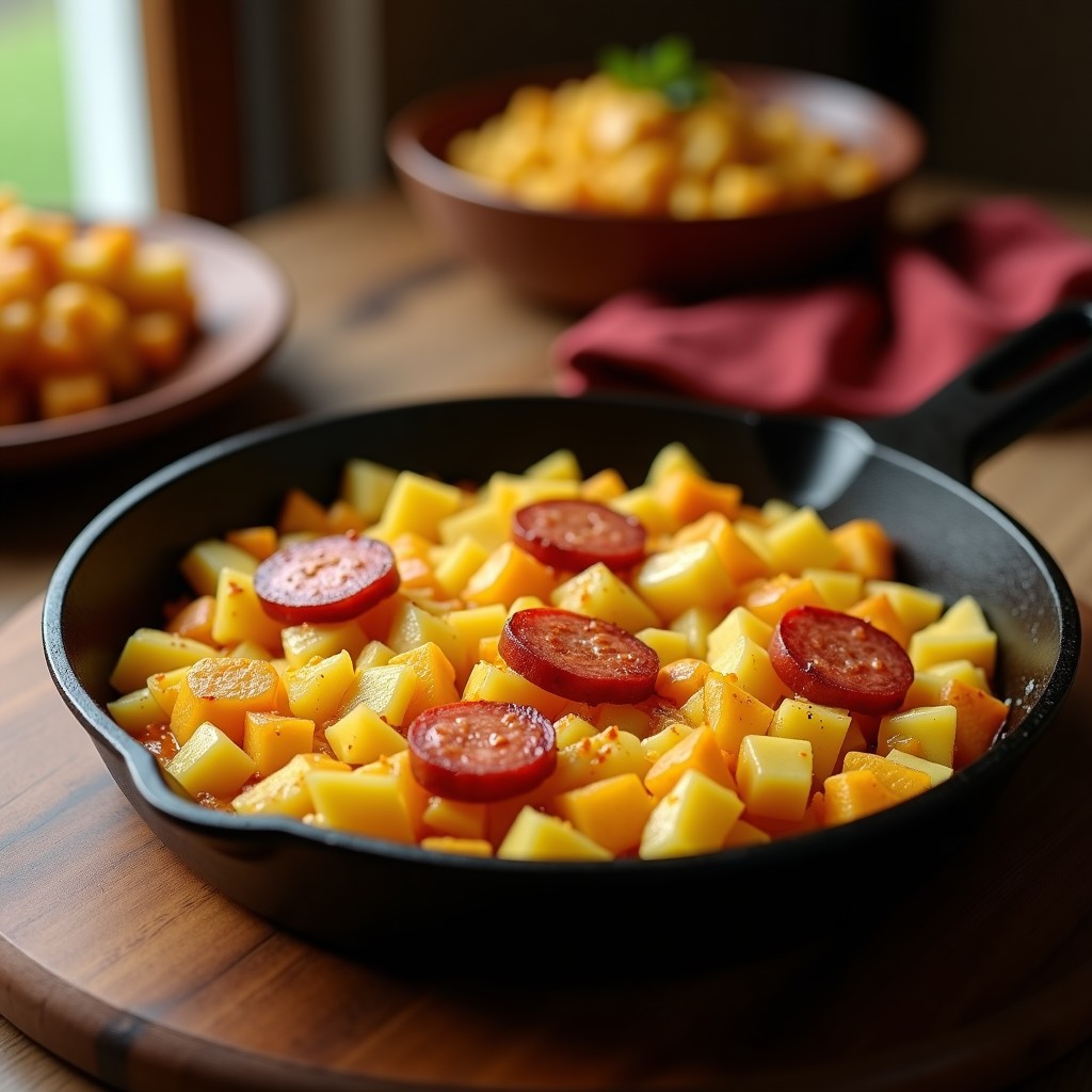 Sartén de hierro con patatas doradas revueltas con huevo cremoso y rodajas de chorizo, servidas en plato de barro. Receta tradicional española de patatas con huevo y chorizo.