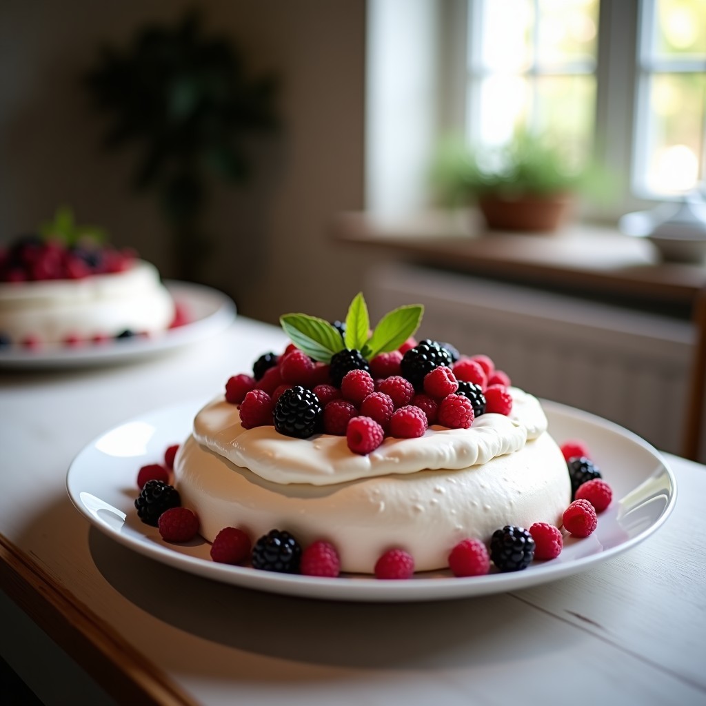 Pavlova vegana de merengue blanco crujiente con centro esponjoso, cubierta de crema de coco batida y decorada con fresas, frambuesas y arándanos frescos. Postre sin gluten y sin azúcar sobre fondo rústico.