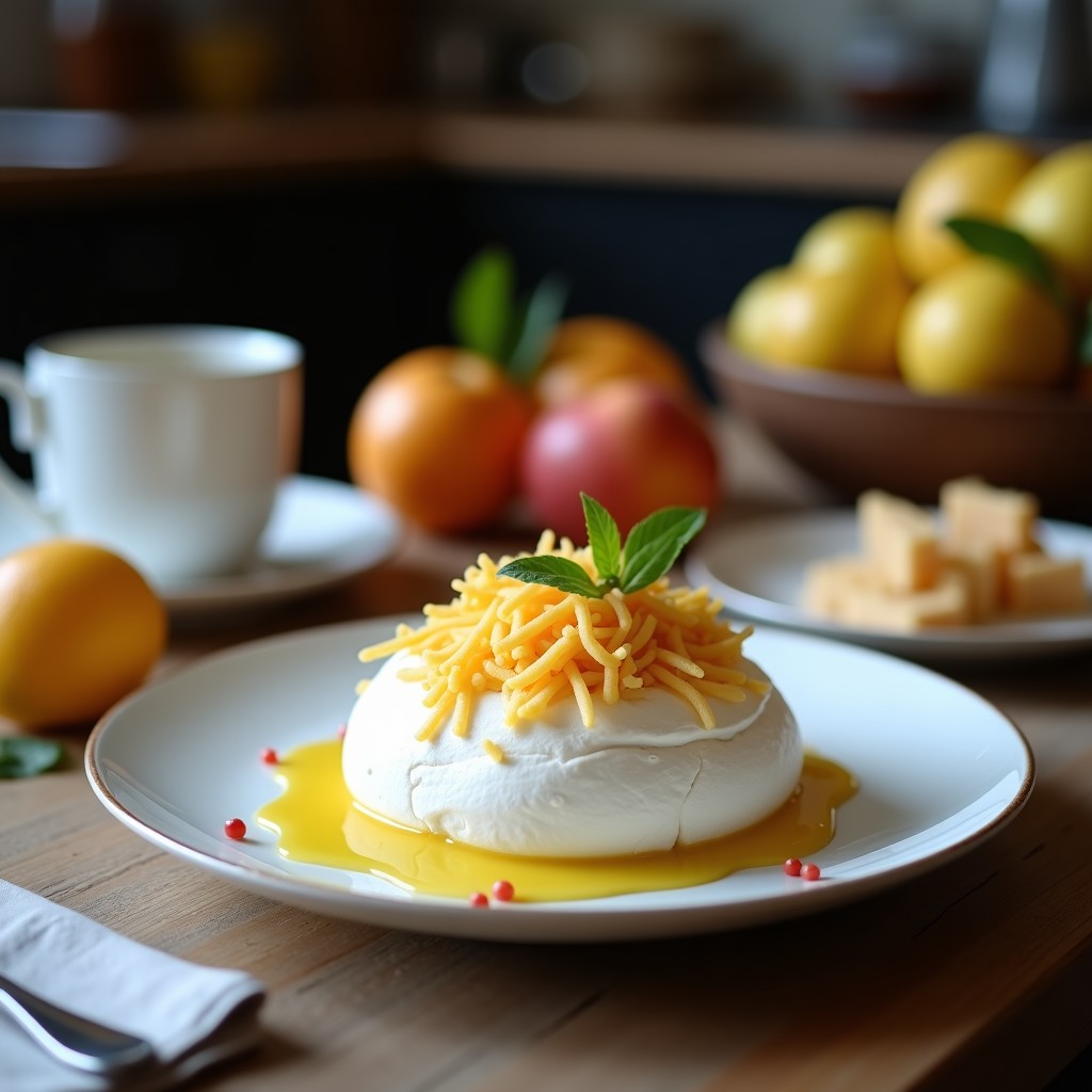 Pavlova de maracuyá y coco rallado sobre bandeja de madera, con base de merengue dorado crujiente, crema de coco batida, pulpa de maracuyá amarilla y coco tostado espolvoreado, decorada con hojas de menta. Postre australiano sin gluten y bajo en calorías.