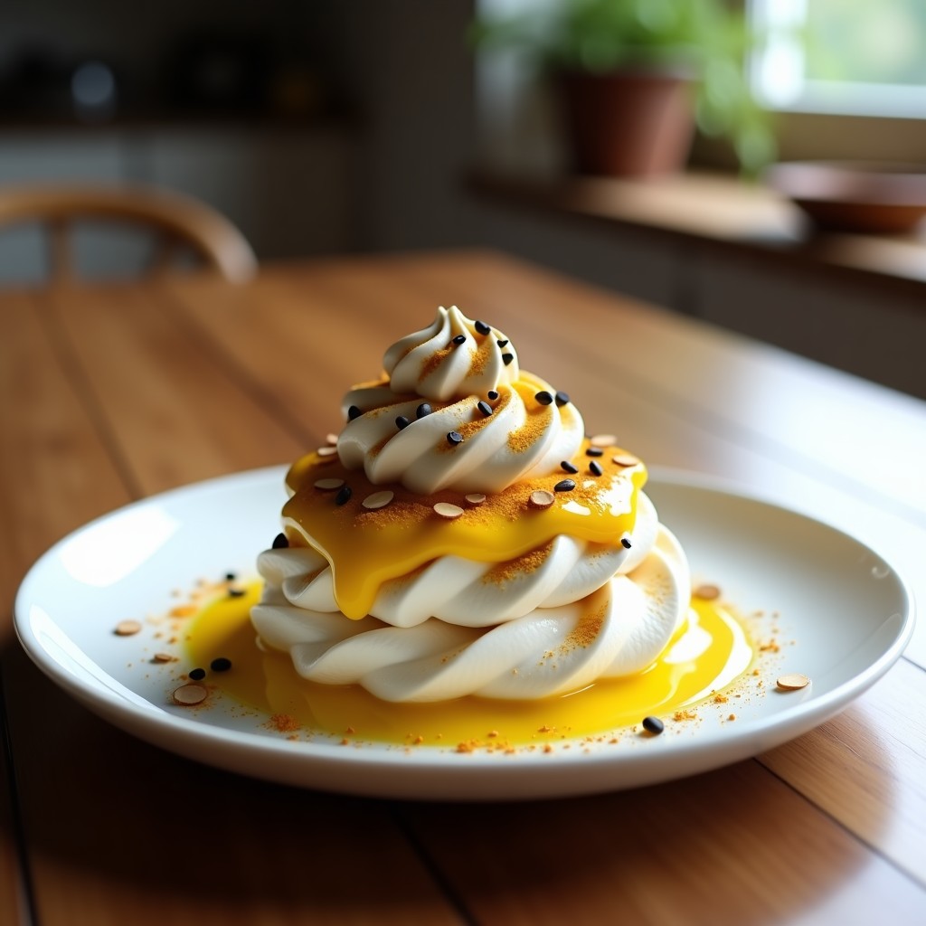 Pavlova vegana sin azúcar con base de merengue de aquafaba dorado y crujiente, rellena de crema de maracuyá amarilla vibrante, decorada con semillas de maracuyá, coco rallado y frambuesas frescas sobre fondo blanco.