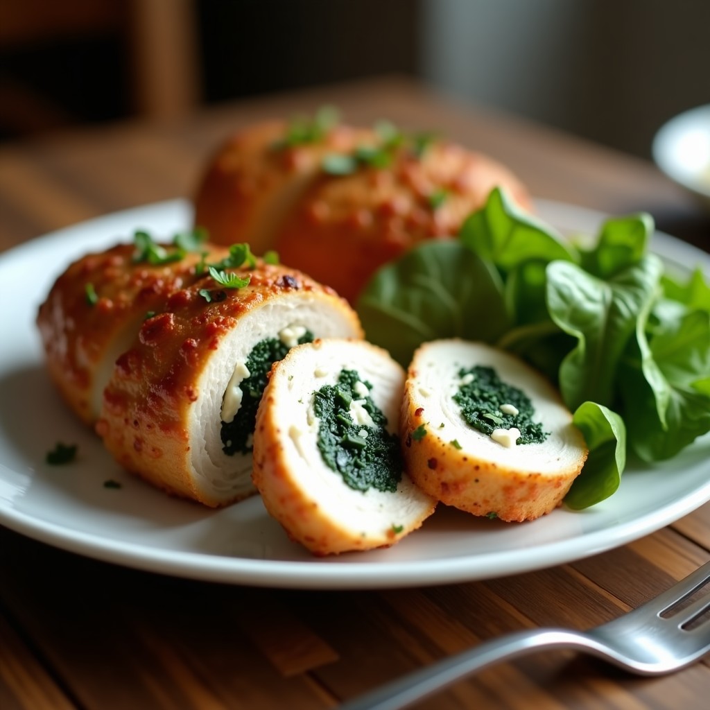Pechuga de pavo dorada y crujiente rellena de espinacas y queso de cabra, cortada en medallones sobre un plato blanco con fondo de ensalada verde, receta en airfryer baja en grasas.