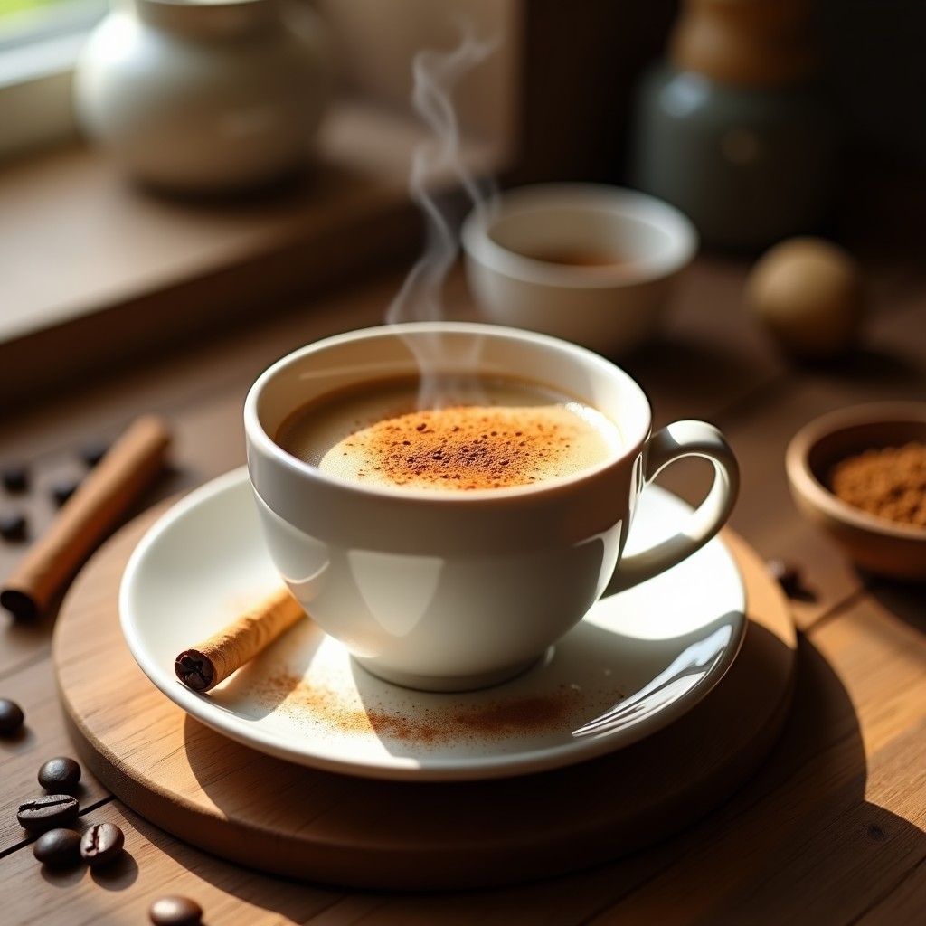 Taza de cerámica blanca con Pensamientos Veganos, café tostado oscuro con especias y leche de avena, espolvoreado con canela en polvo sobre una mesa de madera rústica con granos de café y una ramita de canela al lado.