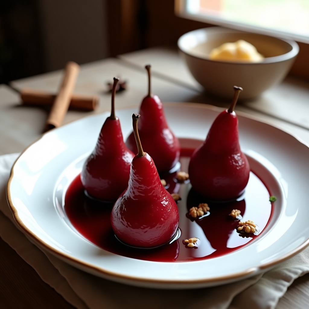 Cuatro peras Conference doradas y tiernas, cocinadas en vino tinto con especias, servidas en un plato blanco hondo con sirope espeso y brillante. Decoradas con nueces troceadas y una rama de canela al lado. Postre francés sin azúcar en olla lenta.
