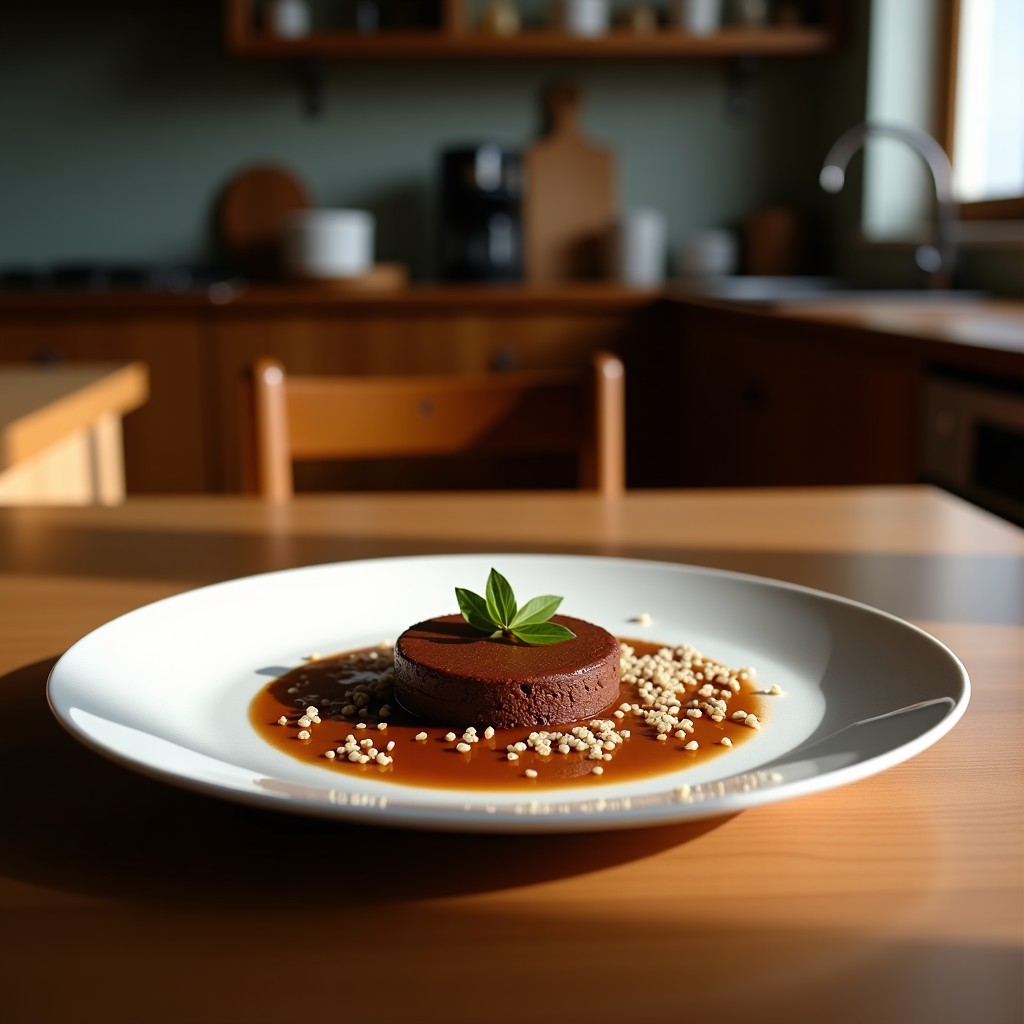 Bol hondo de cerámica negra con perol de chocolate avellana espeso, cubierto de quinoa inflada crujiente y avellanas tostadas picadas. Textura cremosa y brillante, servido con una cuchara de madera.