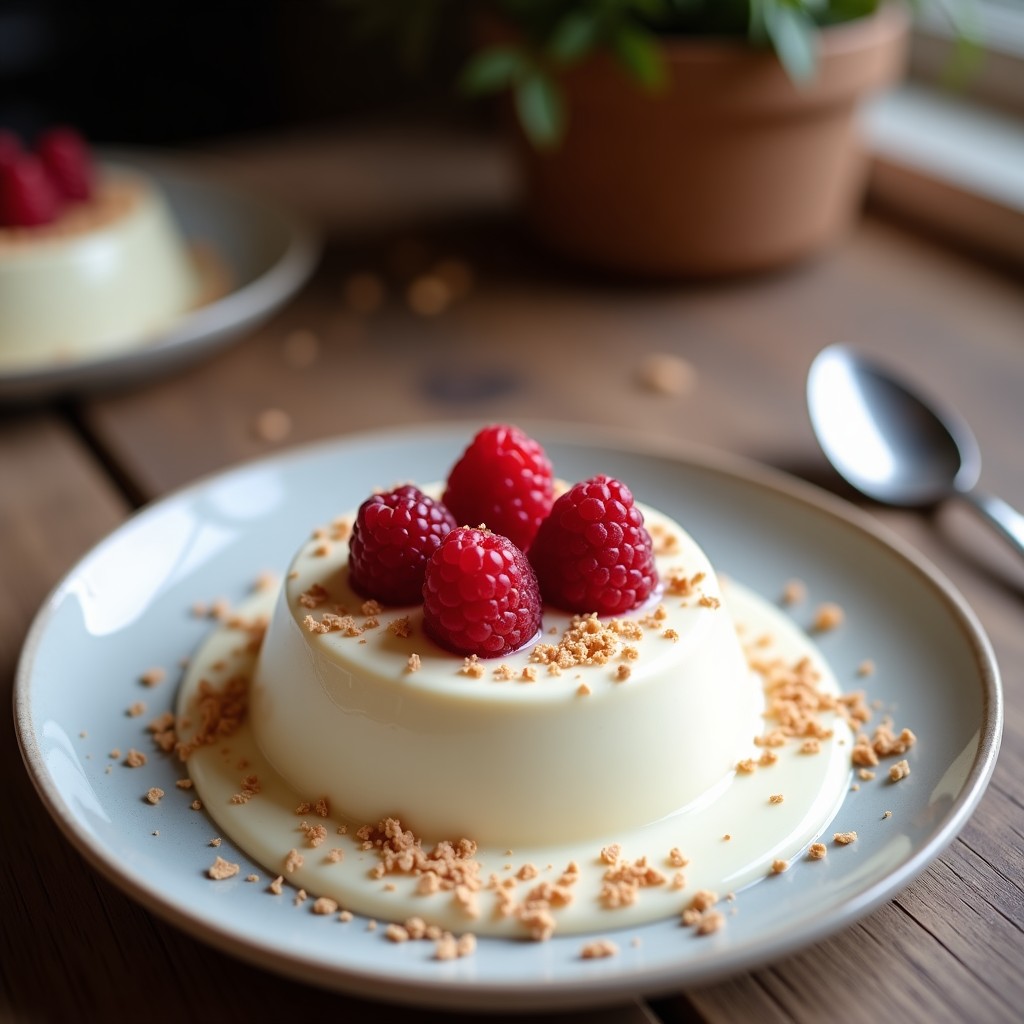 Perve vegano de chocolate blanco y frambuesas con base de coco, cortado en porción para mostrar sus capas: base dorada de coco, crema de chocolate blanco con vetas rosadas de coulis de frambuesa y frambuesas frescas en la parte superior. Servido en plato blanco sobre fondo rústico de madera.
