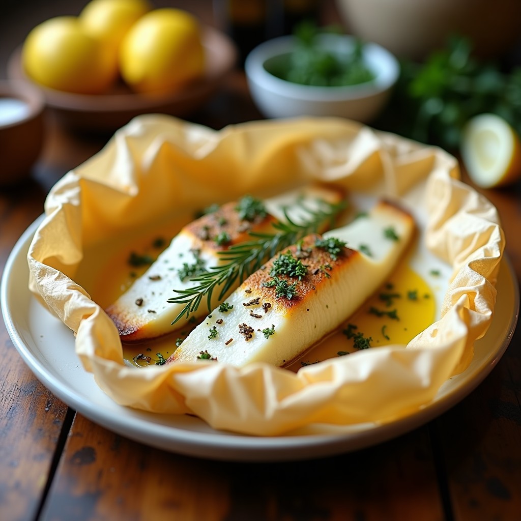 Pescado blanco a la sal con hierbas provenzales en papillote abierto, mostrando filetes de merluza cocinados al vapor con costra de sal gruesa y hierbas aromáticas, rodajas de limón y aceite de oliva, servido en papel de horno sobre una mesa rústica de madera.