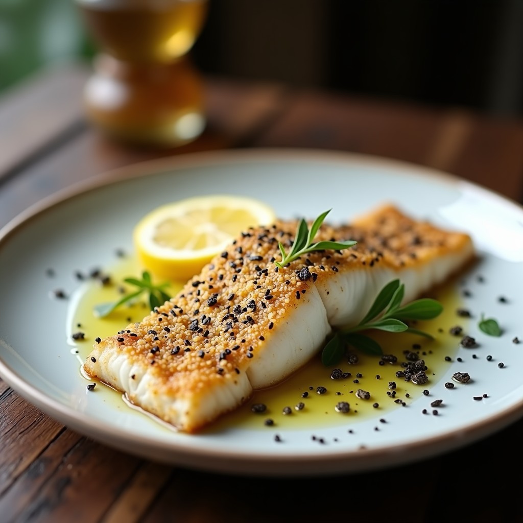 Filetes de merluza al horno con una costra dorada y crujiente de semillas de cáñamo, lino, amapola y sésamo, espolvoreados con hierbas provenzales, sobre una bandeja de horno con papel vegetal. Receta sin gluten y alta en omega-3.