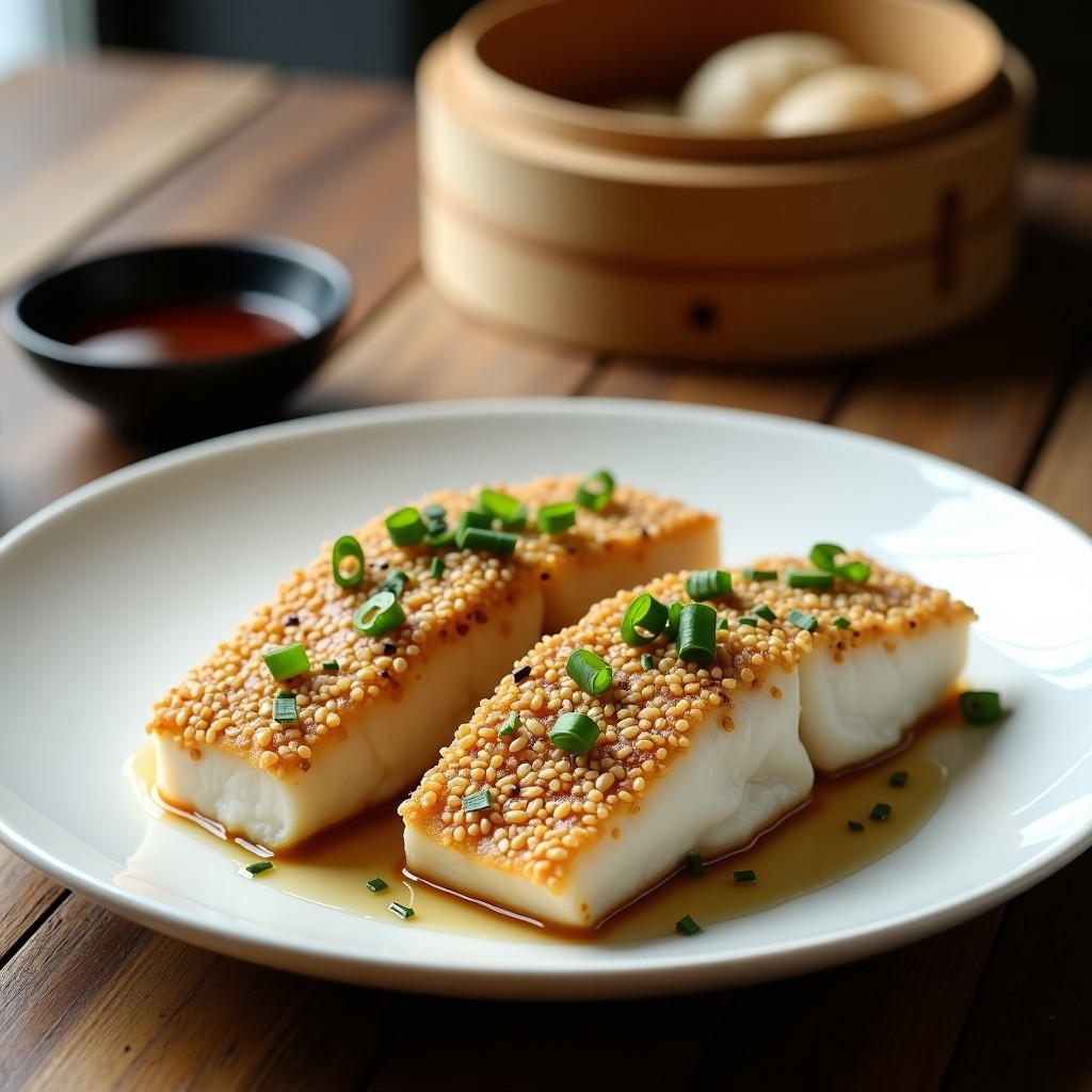Filetes de merluza al horno con costra dorada de semillas de sésamo negro y blanco, decorados con cebollino fresco. Plato servido en bandeja de cerámica blanca, receta china keto crujiente y baja en carbohidratos.