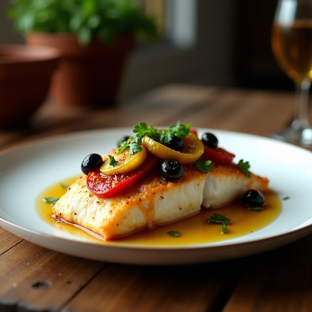 Filetes de merluza al horno cubiertos con una costra dorada de pisto y aceitunas negras y verdes, servidos en una bandeja de horno rústica con rodajas de limón. Receta española de pescado al horno con costra de pisto y aceitunas.