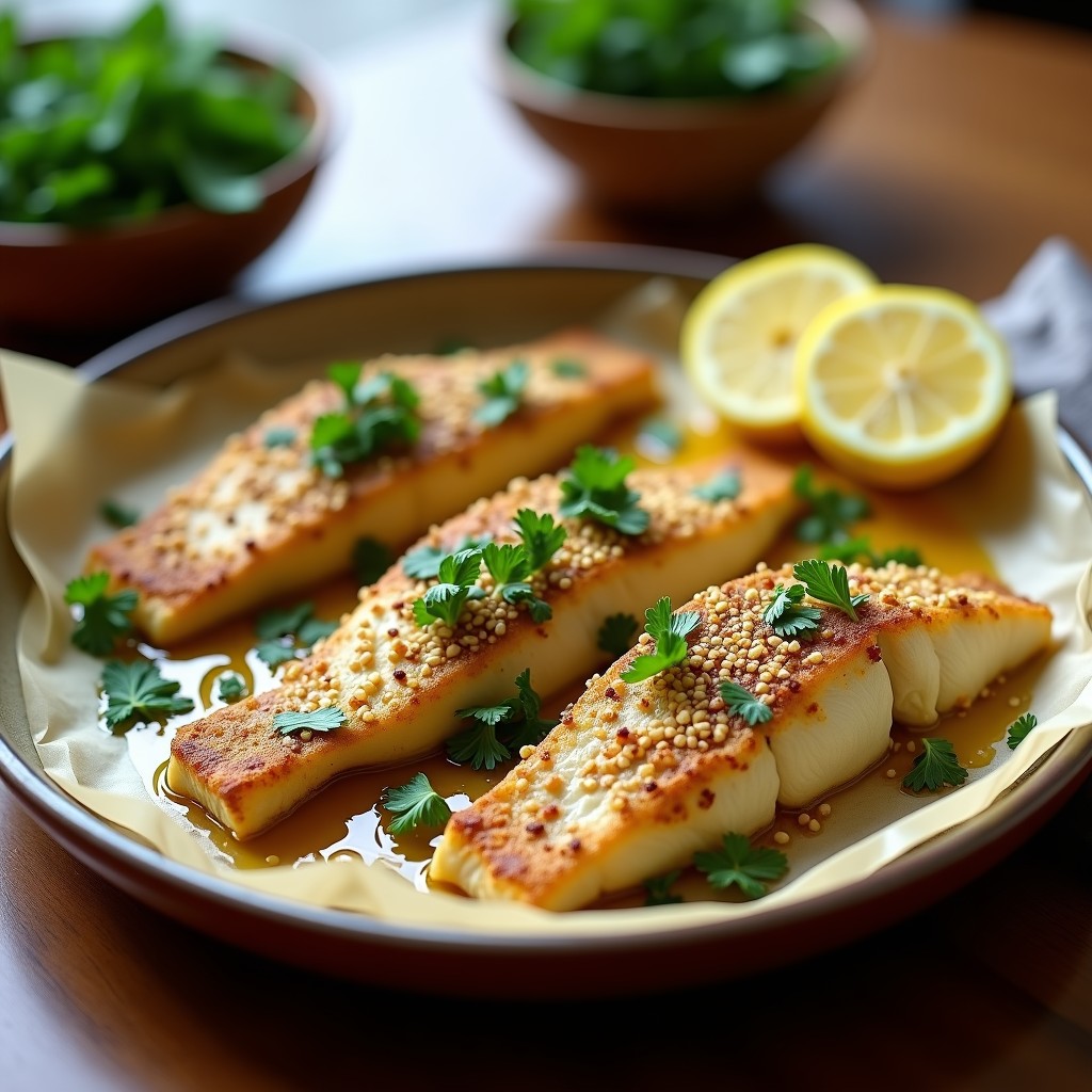 Filetes de pescado blanco al horno con costra dorada de especias za'atar y semillas de sésamo, decorados con perejil y hojas de menta fresca, servidos en bandeja rústica de cerámica.