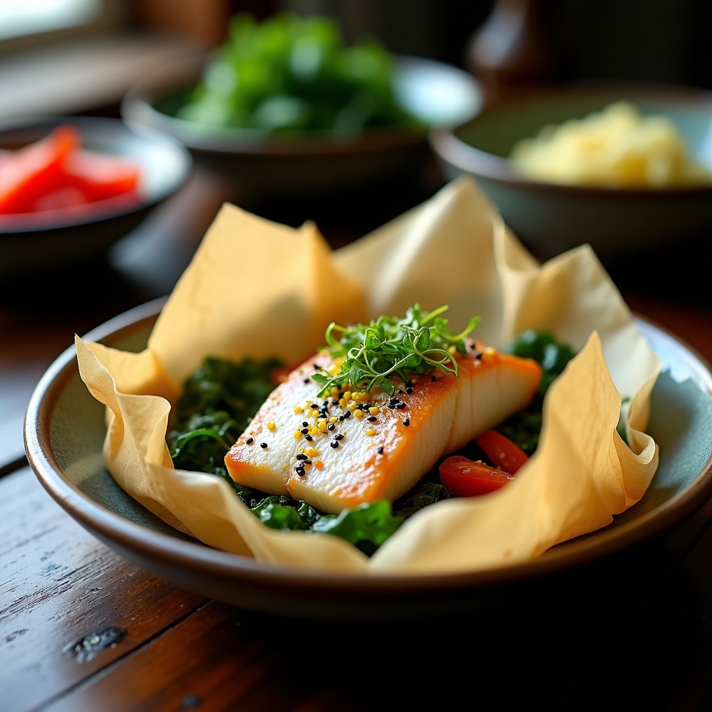 Filete de pescado blanco al papillote abierto, rodeado de algas wakame verdes, jengibre rallado y semillas de sésamo negro, servido en papel de horno sobre mesa de madera oscura con fondo desenfocado.