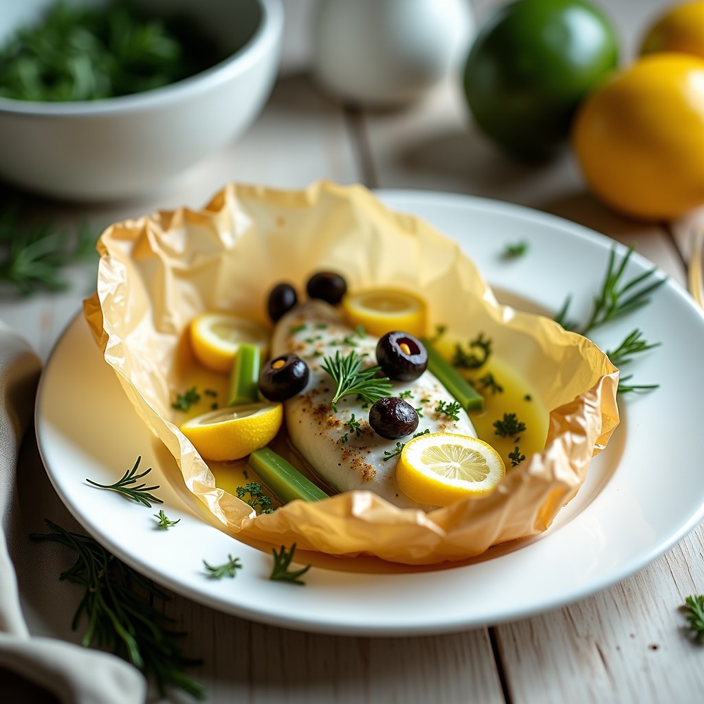 Pescado en papillote abierto sobre plato blanco, con filete de lubina jugoso, rodajas de limón confitado dorado, aceitunas Kalamata negras y verduras al vapor, decorado con eneldo fresco y un hilo de aceite de oliva. Receta griega de pescado en papillote con limón y aceitunas.