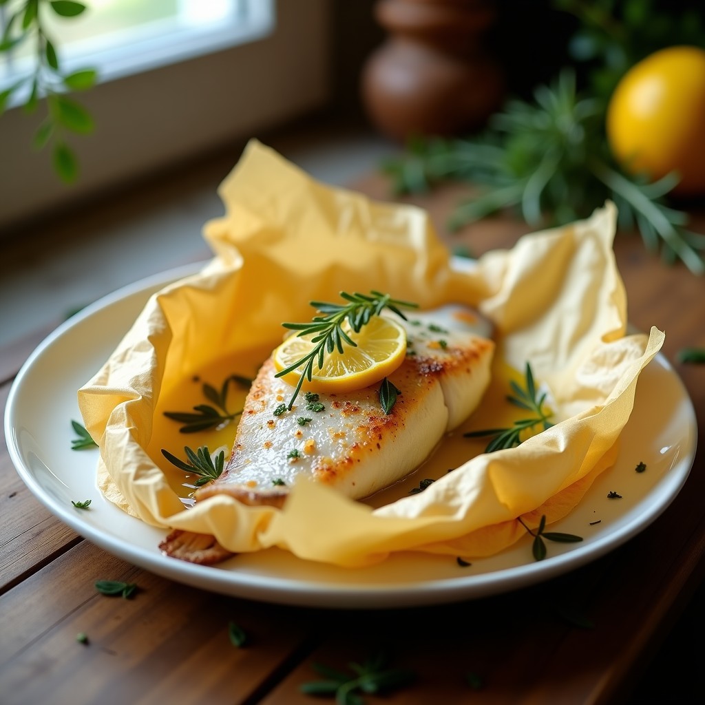 Filetes de lubina cocinados al papillote en papel de horno, cubiertos con una costra dorada de sal gruesa, hierbas provenzales y rodajas de limón. Plato servido con hierbas frescas y un chorrito de aceite de oliva, receta francesa de pescado a la sal con hierbas provenzales y limón.