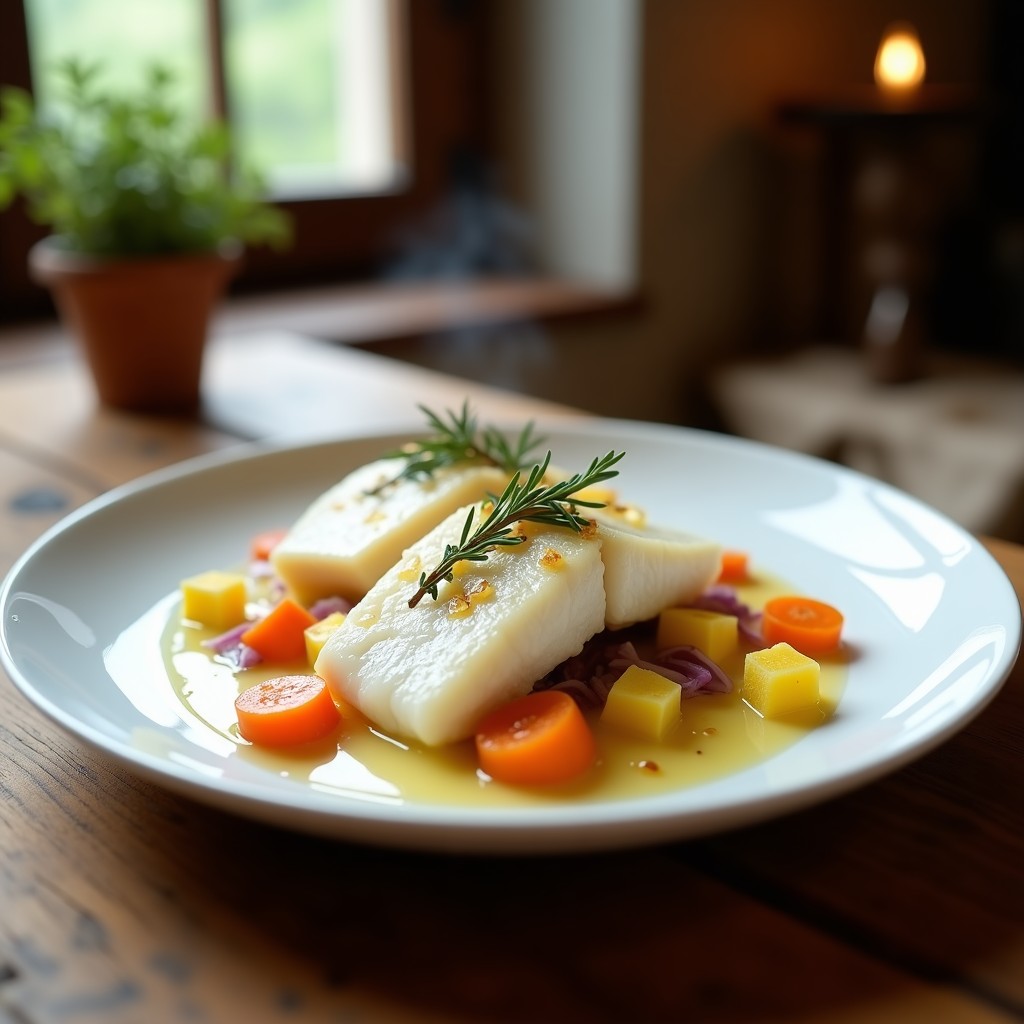 Plato blanco elegante con filetes de merluza al vapor, bañados en una salsa ligera de hierbas provenzales y limón confitado, acompañados de cebolla morada y zanahoria en láminas. Decorado con una ramita de tomillo fresco.