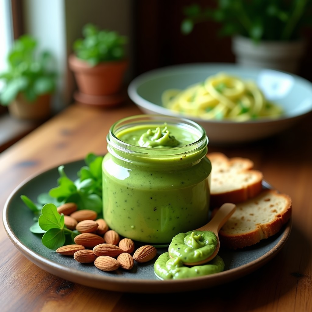 Tarro de cristal transparente lleno de pesto de berros y almendras vegano sin lácteos, con textura cremosa y color verde intenso. Acompañado de tostadas integrales y espaguetis de calabacín, sobre un fondo de madera rústica con almendras enteras y hojas de berros frescas.