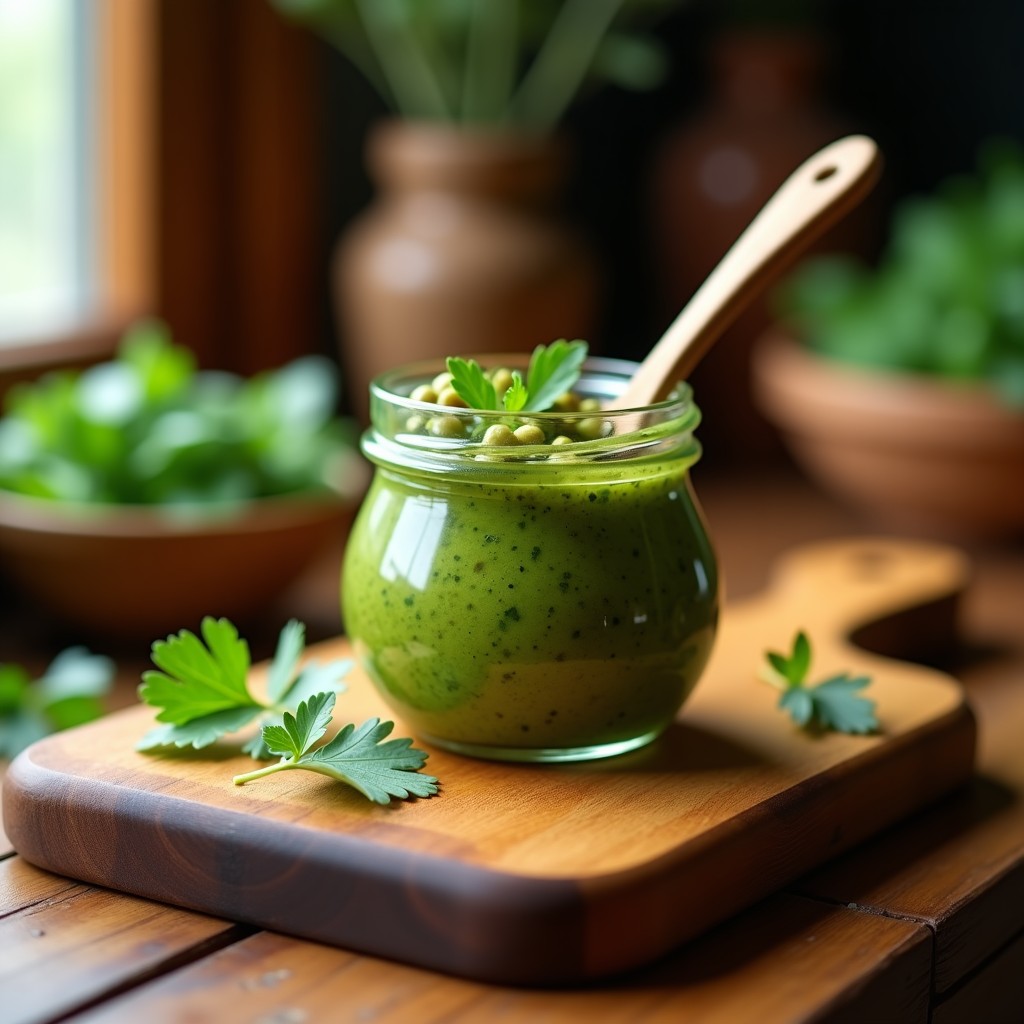 Tarro de vidrio transparente lleno de pesto verde vibrante de cilantro y semillas de calabaza, con textura cremosa y trocitos visibles de semillas. Acompañado de una cuchara de madera y hojas de cilantro fresco sobre fondo de madera clara. Receta vegana sin frutos secos.