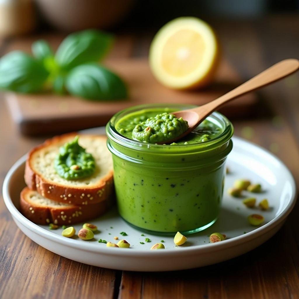 Frasco de vidrio transparente con pesto de espinacas y pistachos vegano sin queso, de color verde vibrante con trocitos de pistacho visible, acompañado de una cuchara de madera y tostadas de pan integral en un fondo rústico de madera.