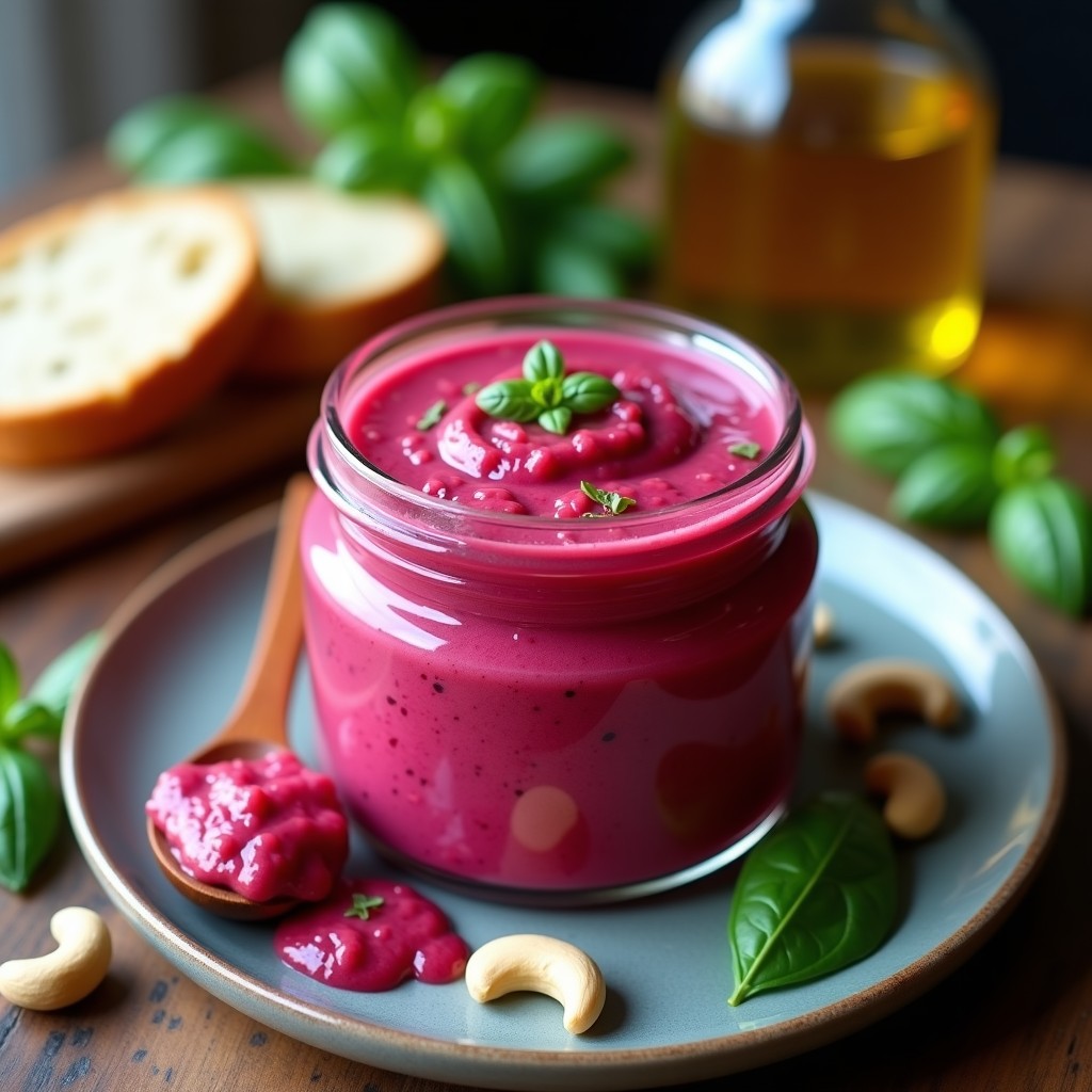 Bolsa de cristal transparente con pesto rosado de remolacha, vibrante y cremoso, rodeado de hojas de albahaca fresca, anacardos tostados y una cuchara de madera. Receta vegana y rápida.