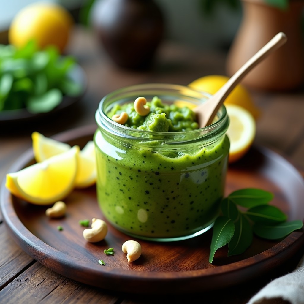 Tarro de cristal con pesto de rúcula y anacardos con limón, de color verde intenso con textura cremosa y trocitos de anacardo visibles, servido sobre una tabla de madera con una cuchara de madera y rodajas de limón al lado.