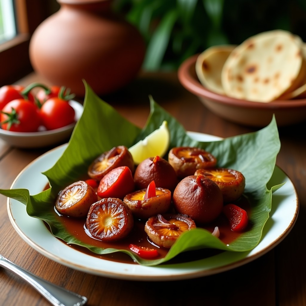 Plato tradicional yucateco de pibil vegano con hongos ostra marinados en achiote, servido en hoja de plátano, acompañado de jitomate asado y cebolla morada, sobre una mesa de madera rústica.