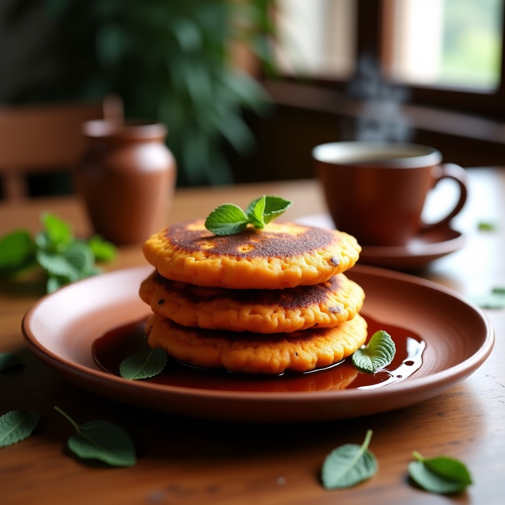 Picarones dorados y esponjosos de camote morado y zapallo, apilados en un plato rústico de barro, con un fondo de hojas de menta y una taza de café humeante. Receta keto peruana sin harina.
