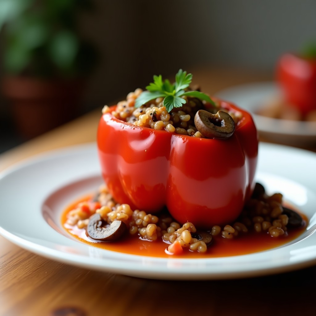 Pimiento rojo relleno de arroz salvaje y champiñones portobello, servido en plato blanco con salsa de tomate casera espesa y perejil fresco. Receta vegana en olla express.