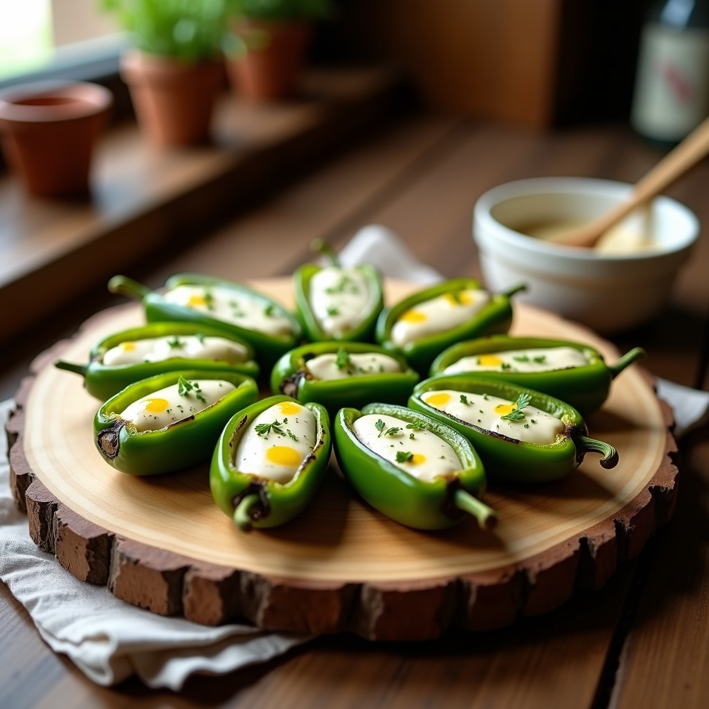 Bandeja de pimientos del Padrón rellenos de brandada de bacalao vegana en Thermomix, con textura cremosa y dorada, sobre fondo rústico de madera.