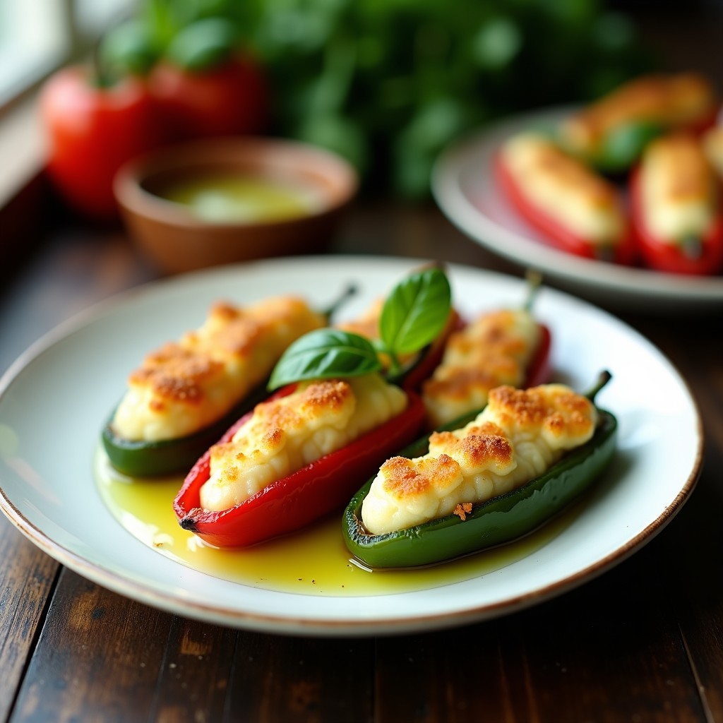 Pimientos del Padrón verdes y rojos rellenos de brandada de bacalao cremosa, horneados en Airfryer hasta quedar dorados, servidos en plato blanco con hojas de albahaca y hilo de aceite de oliva virgen extra.