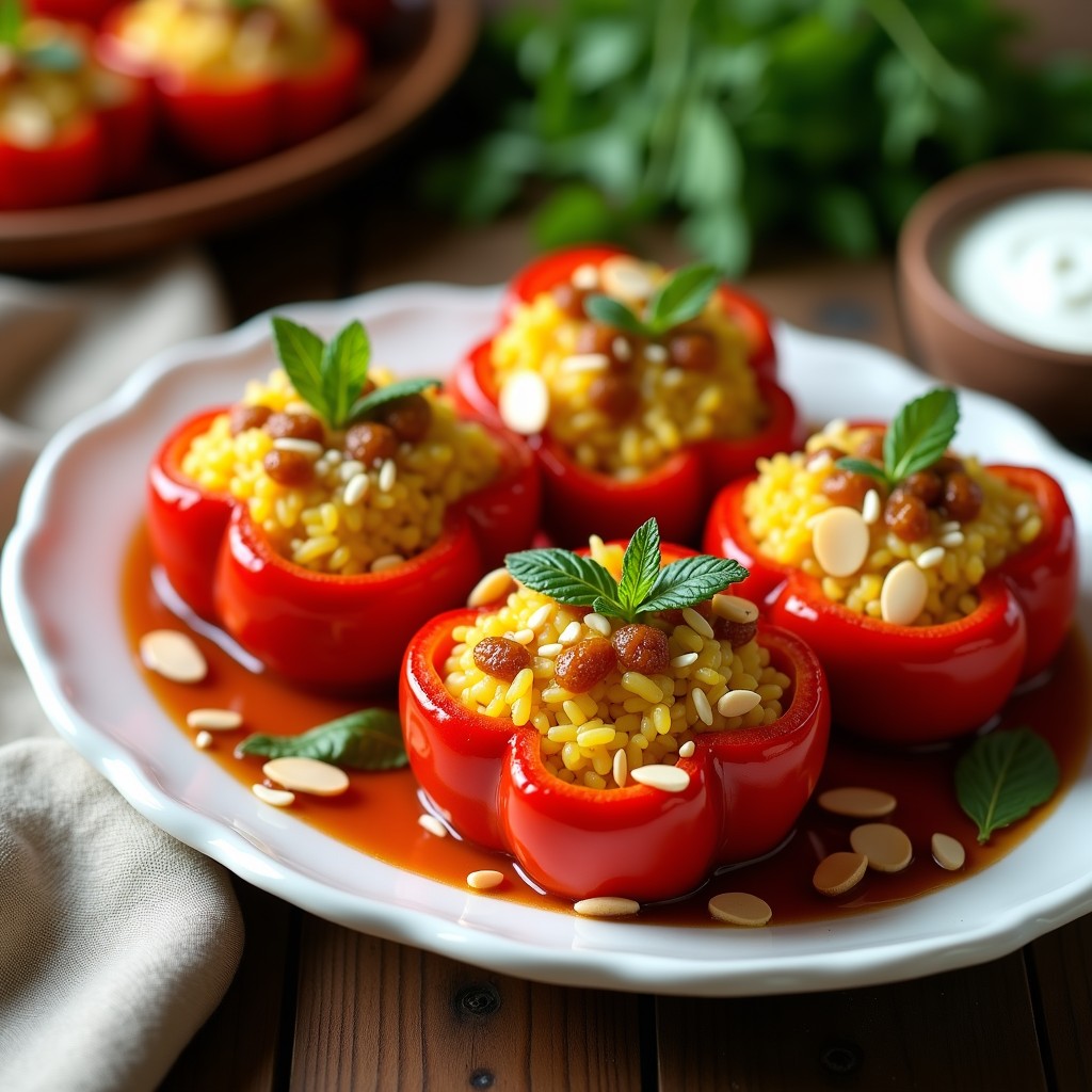 Pimientos rojos alargados rellenos de arroz basmati dorado con pasas y pistachos, horneados y decorados con hojas de menta fresca. Plato persa dulce-salado servido en fuente de barro rústica.