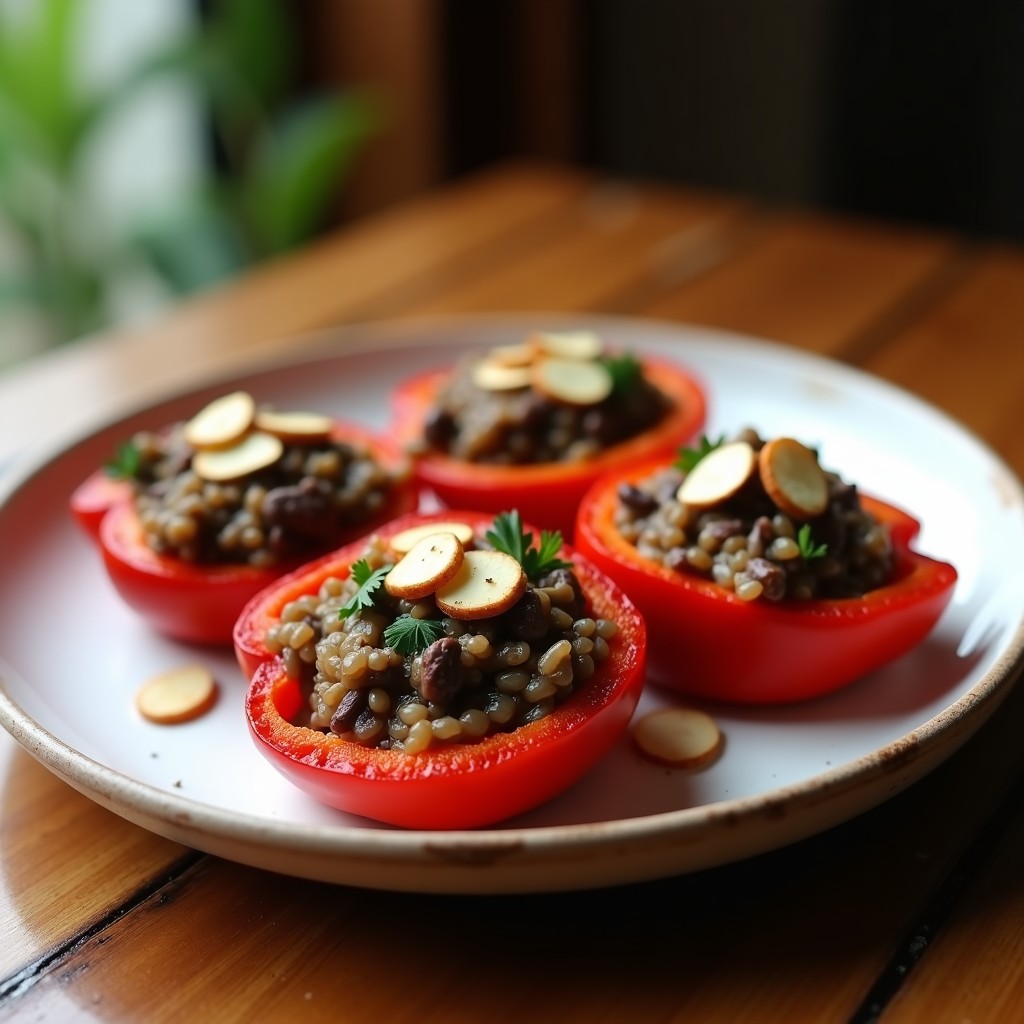Pimientos rojos asados rellenos de una mezcla oscura de arroz salvaje y hongos ostra, con almendras fileteadas doradas por encima, servidos en un plato blanco rústico. Receta sin gluten en airfryer.