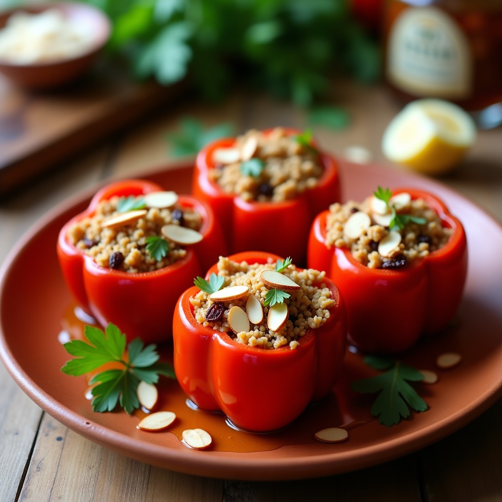 Pimientos rojos asados rellenos de migas doradas de almendra y pasas, con almendras fileteadas tostadas por encima, servidos en una fuente de barro rústica con perejil fresco. Receta vegana con toques andaluces.