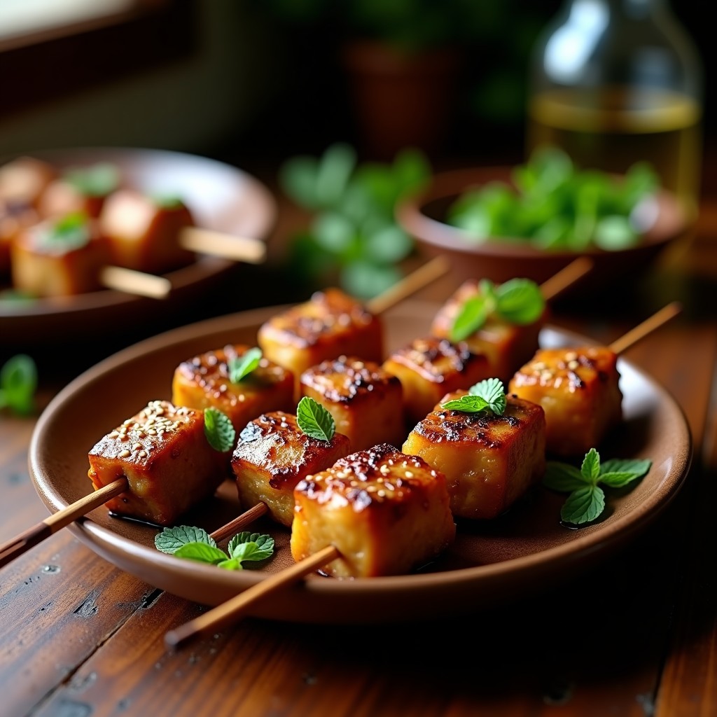 Pinchos morunos de cordero dorado y higos caramelizados con glaseado de miel, servidos en plato de barro con semillas de sésamo y hoja de menta, receta marroquí en airfryer con especias ras el hanout.