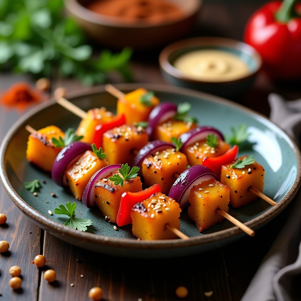 Pinchos morunos veganos de calabaza y garbanzos dorados en airfryer, dispuestos en un plato de madera con perejil fresco y especias al fondo, receta tradicional española.