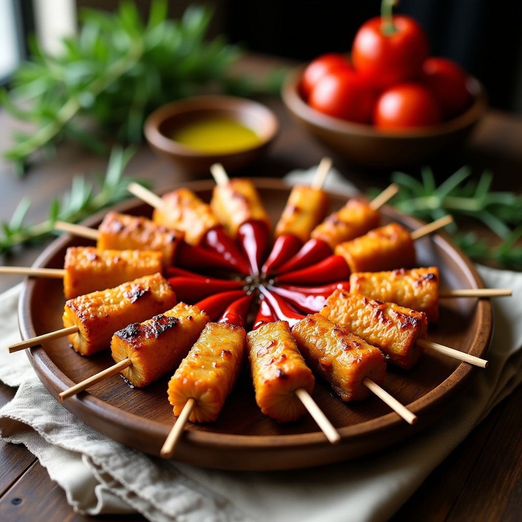 Pinchos morunos de seitán dorado y pimientos del Padrón asados en palillos de madera, servidos en una tabla de madera rústica con una salsa cremosa al lado. Receta española en airfryer sin gluten.