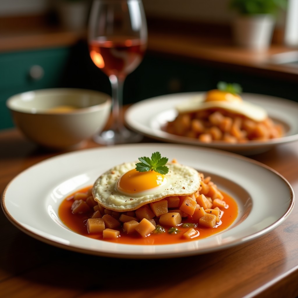 Plato hondo de barro con pisto de calabacín y berenjena en cubos, mezclado con huevos de lino cremosos. Verduras doradas y jugosas, decoradas con pimentón dulce. Fondo rústico con servilleta de lino.