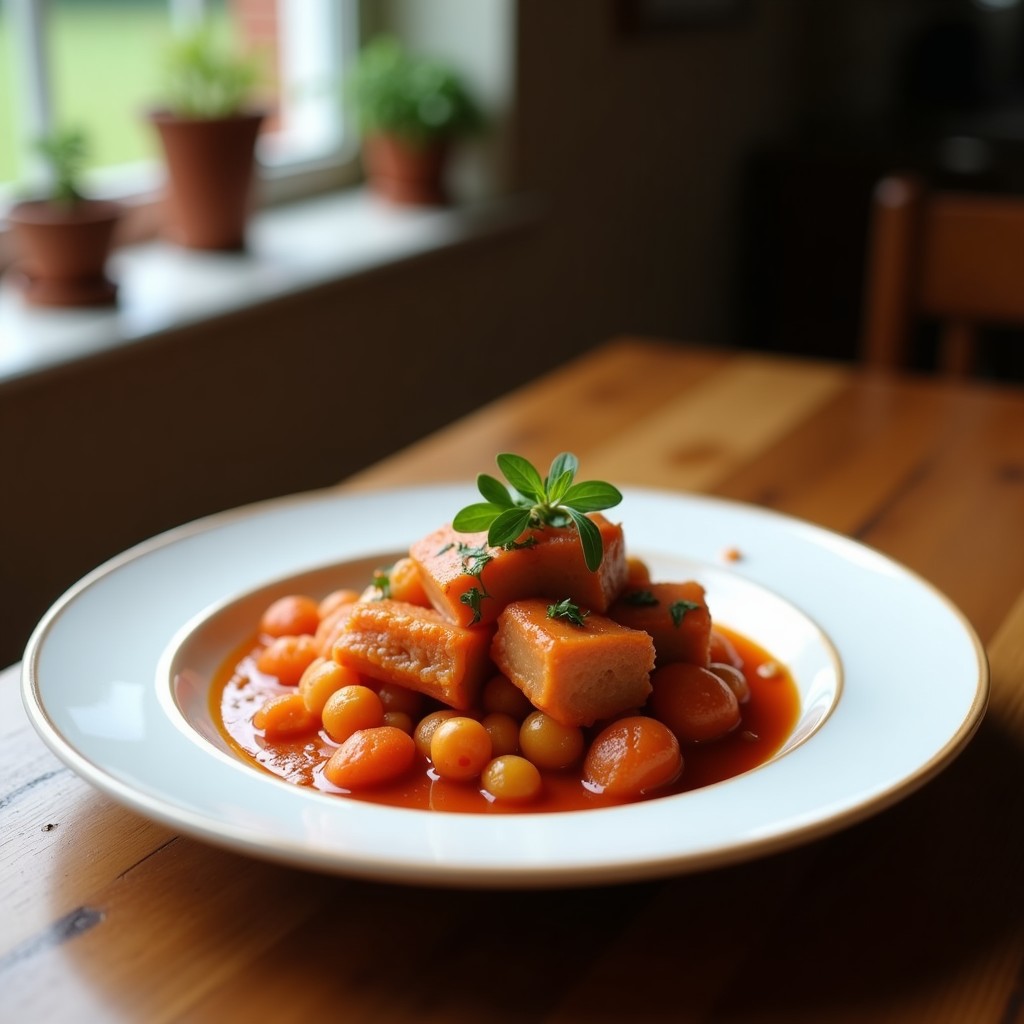 Cazuela de barro con pisto manchego ahumado humeante, verduras estofadas en salsa de tomate con toques dorados, servido con huevo frito y pan rústico, receta olla express.