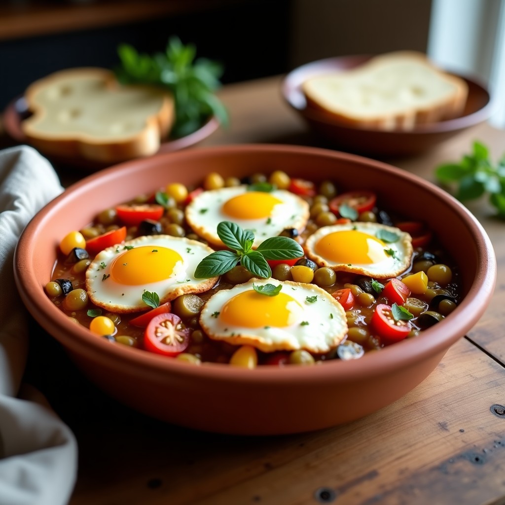 Plato hondo de barro con pisto manchego humeante, verduras en dados melosos y huevos escalfados con yema líquida, decorado con hojas de altea fresca.