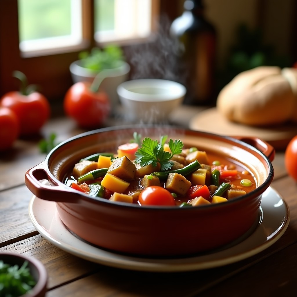 Olla de barro con pisto manchego tradicional humeante, repleta de trozos de berenjena, pimiento, calabacín y tomate estofados, servido en un plato de cerámica rústico.