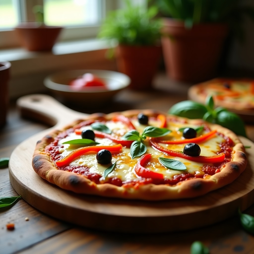 Pizza keto y sin gluten con base de berenjena y harina de almendra, cubierta de pimientos asados rojos y amarillos, queso mozzarella derretido y hojas de albahaca fresca, servida en tabla de madera rústica.