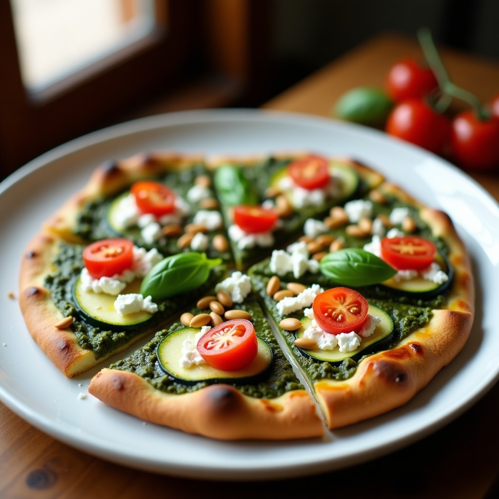 Pizza keto sin horno con base de rodajas de calabacín crujientes, cubierta de pesto verde de espinacas y decorada con pepitas de calabaza tostadas, tomates cherry y hojas de albahaca fresca.