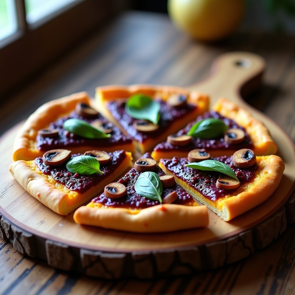 Pizza keto de calabaza kabocha con base dorada y crujiente, cubierta de pesto de albahaca morada vibrante y champiñones portobello salteados, servida en tabla de madera rústica.