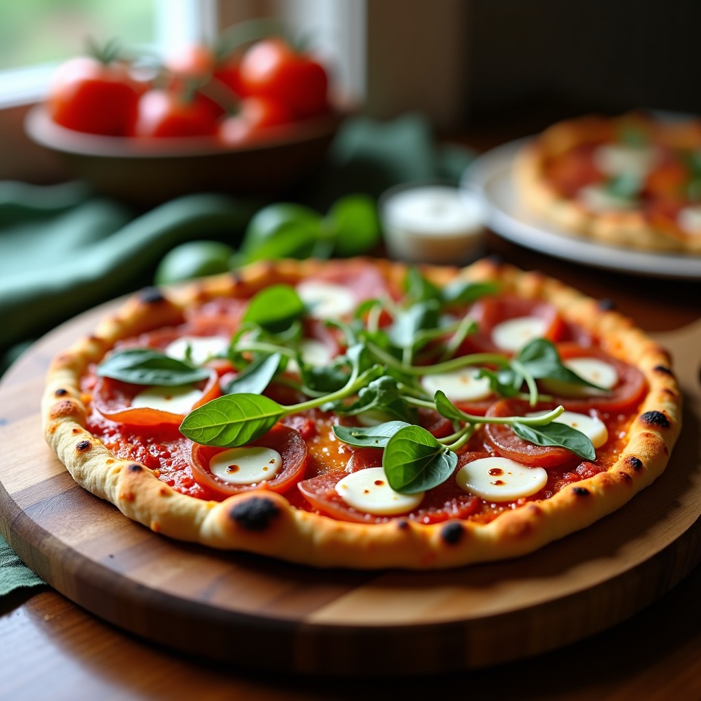 Pizza keto sin harina con base dorada de coliflor y berenjena, cubierta de queso mozzarella derretido, láminas de prosciutto, tomates cherry y rúcula fresca. Vista cenital sobre fondo de madera rústica.